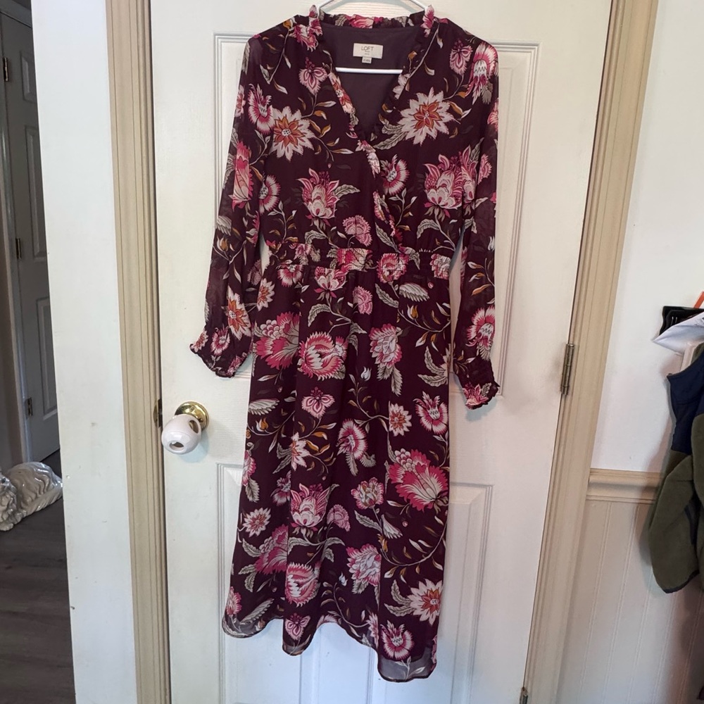 LOFT Burgundy Floral Long Sleeve Dress
